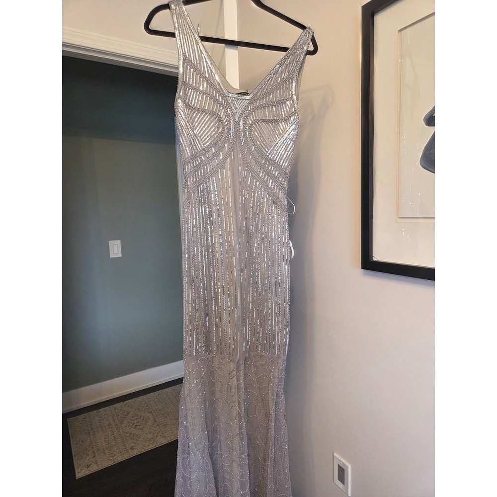 Elegant Silver Beaded V-Neck Maxi Dress